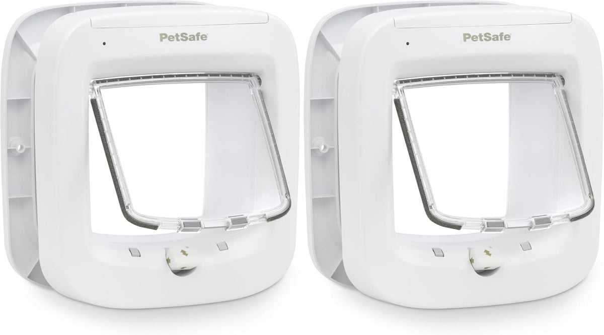 White microchip cat flap door with 4-way lock installed in a door – view 2