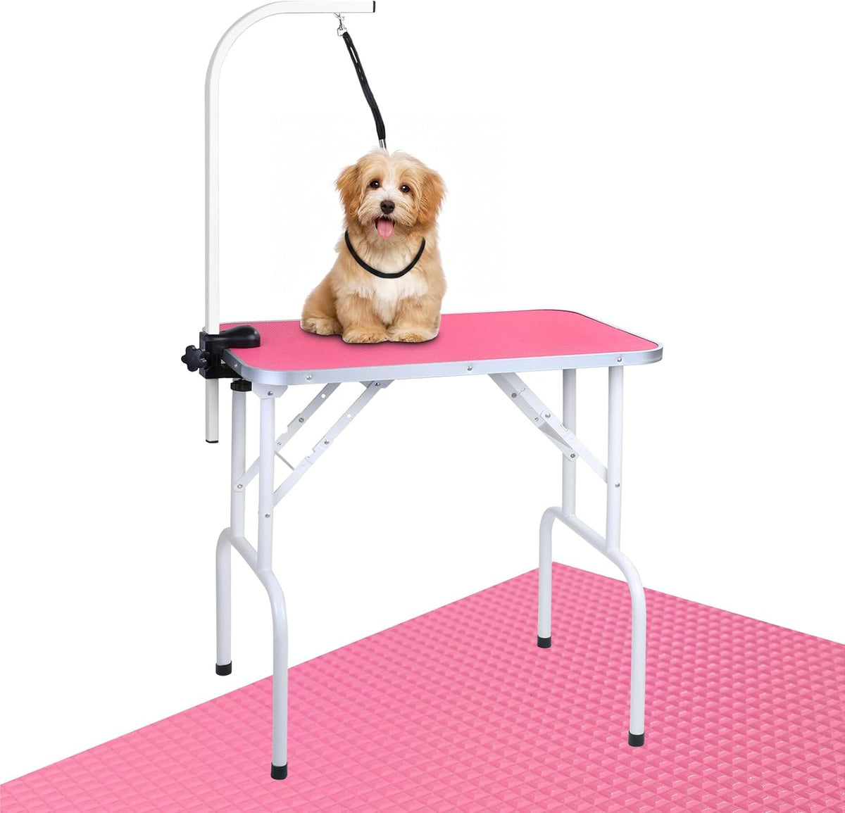 Pink foldable dog grooming table with adjustable arm and two loops – view 2