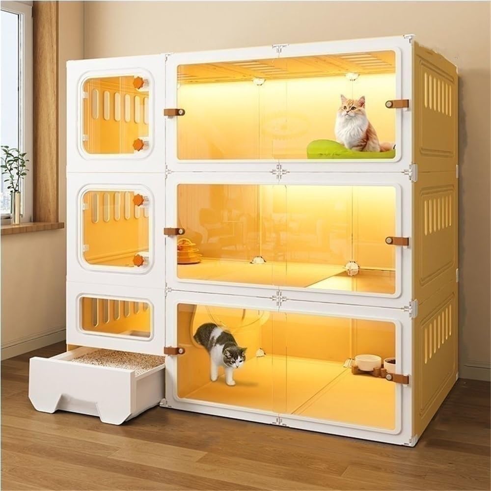Multi-level plastic indoor cat cage with litter box and front door