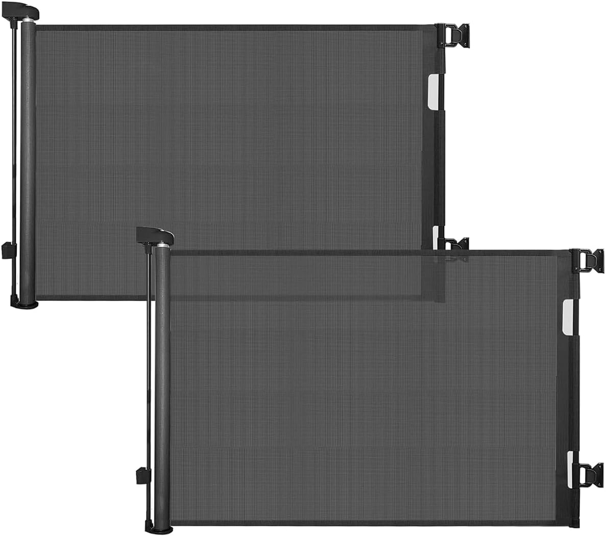 Black retractable mesh dog gate across a hallway