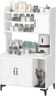 TrailBlaze Cat Litter Box Enclosure with 4-Tier Storage Shelves, Wood Cabinet, White
