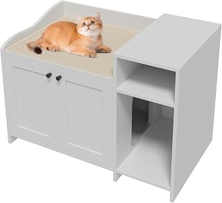 GarveeLife Wooden Cat Litter Box Enclosure Furniture with Storage Side End Table, White