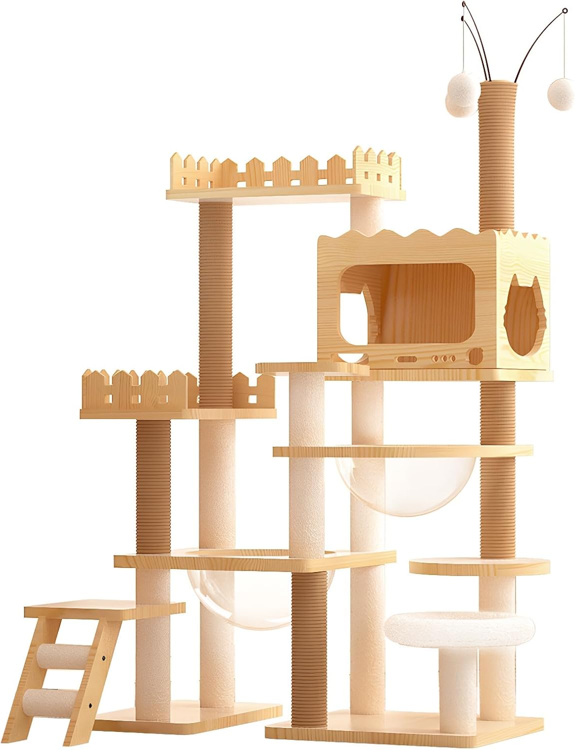 Floor-to-ceiling wooden cat tower with sisal posts, condo cave and top perch – view 5
