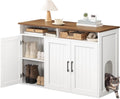 White wooden cabinet with shelves enclosing a self cleaning litter box