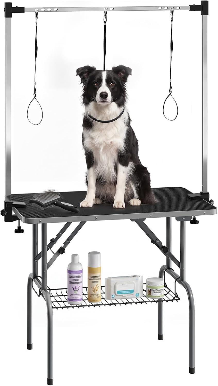 Foldable stainless steel dog grooming table with H arm and basket – view 2
