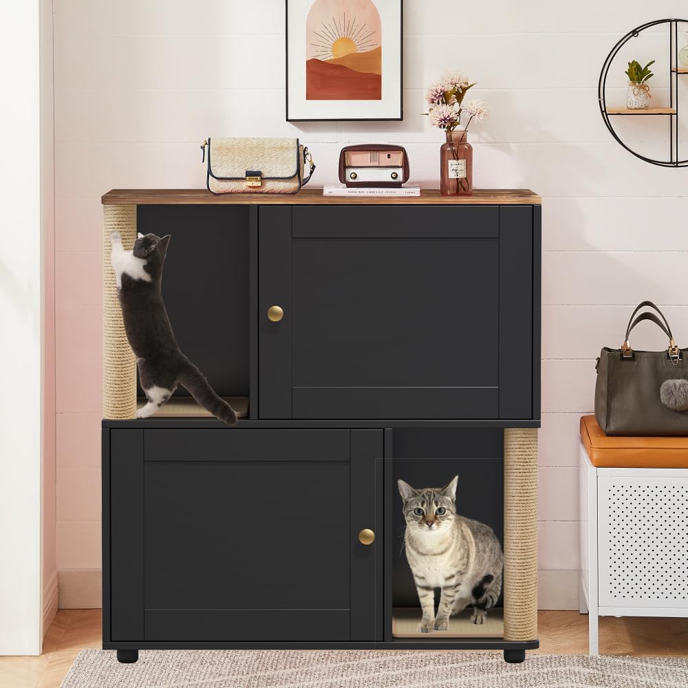 Black two-tier double litter box enclosure end table with scratching ramp