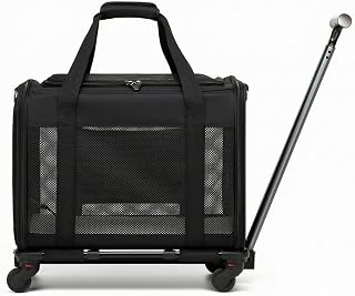 Small Pet Travel Carrier with Trolley Base, Foldable Soft-Sided with Mesh Panels, Black