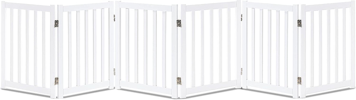 White foldable wooden freestanding dog gate, 120 inches wide and 24 inches high
