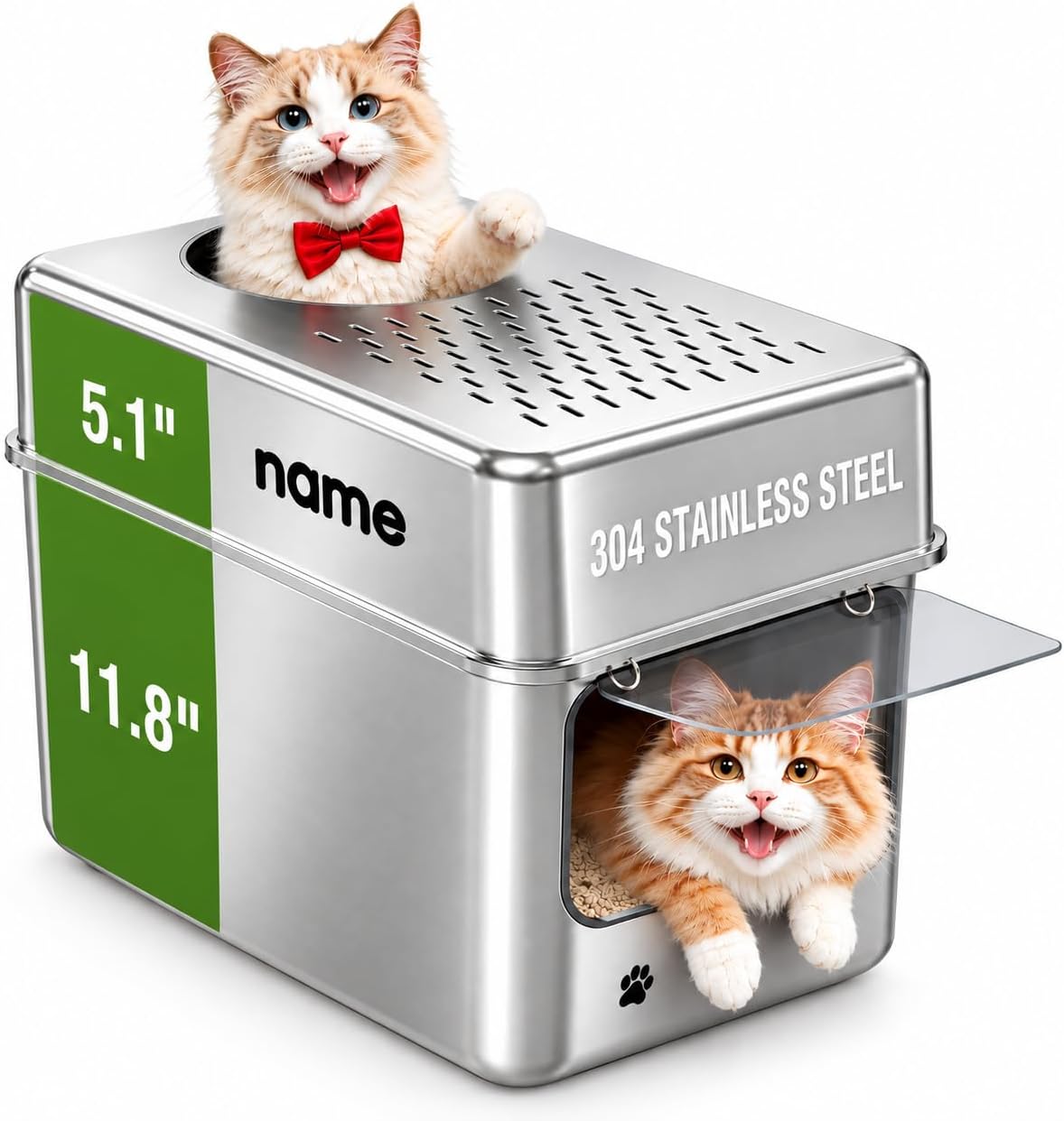 XL stainless steel cat litter box with lid and front entry