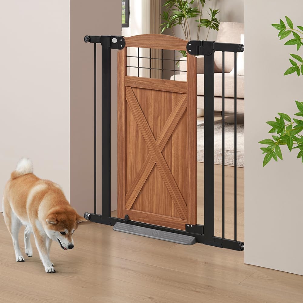 Walnut farmhouse barn door style dog gate with metal frame in a doorway