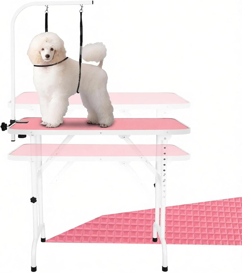 Pink foldable dog grooming table with adjustable arm and two loops