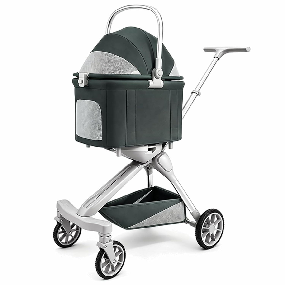 Grey 3-in-1 pet stroller with detachable carrier and aluminum frame – view 3