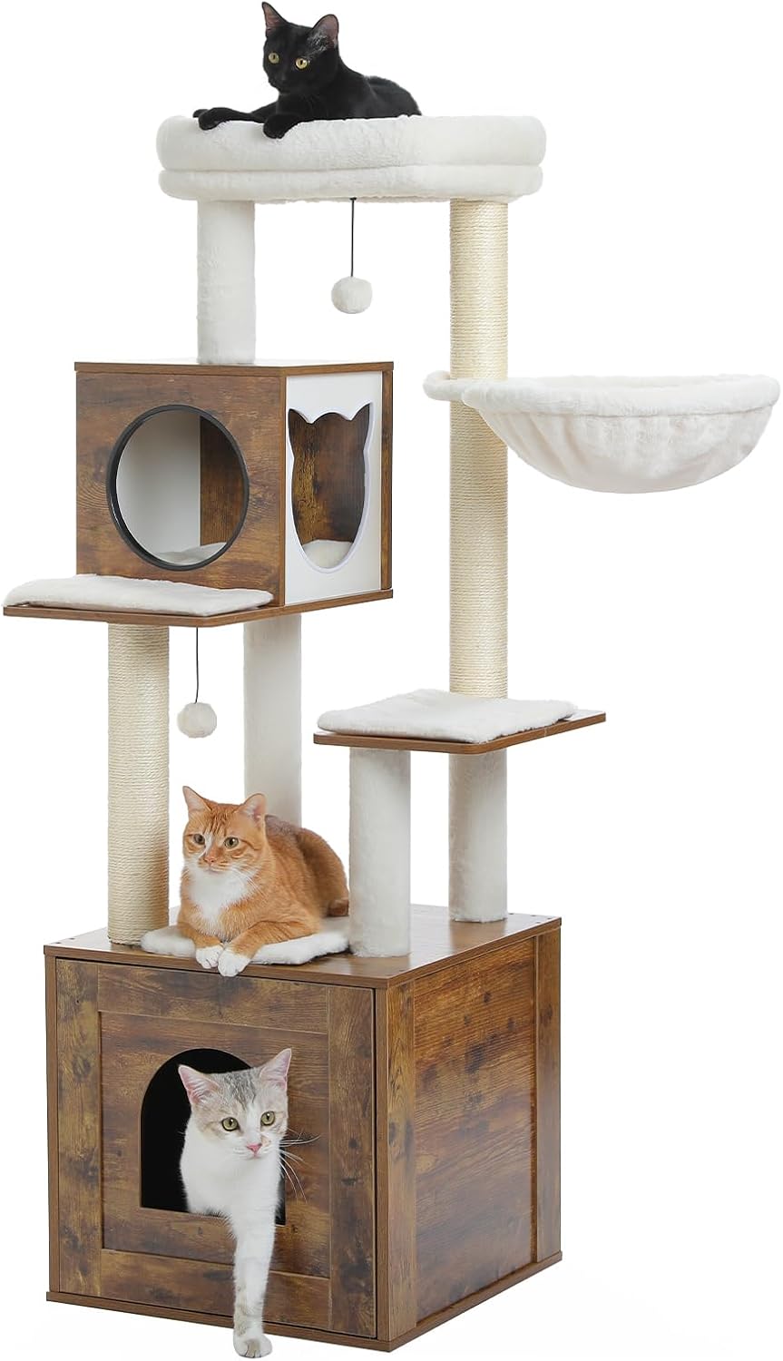 Wooden cat tree with litter box enclosure at the base, sisal posts and hammock