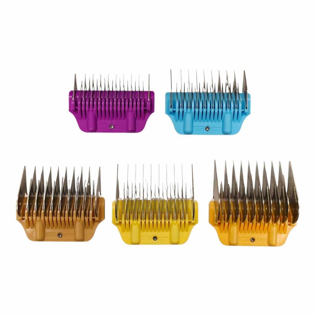 Five skip tooth wide clipper attachment combs in graduated sizes