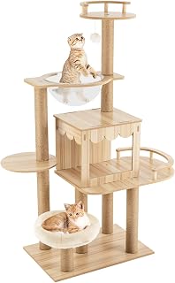 54-Inch Wood Cat Tree for Large Adult Indoor Cats, Brown MDF Cat Tower