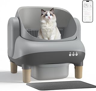 Smart Self-Cleaning Cat Litter Box, Open-Top, App Control, Safety Sensors, Large Waste Bin, Gray
