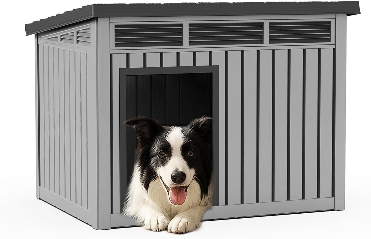 Black and gray resin dog house with arched door – view 2