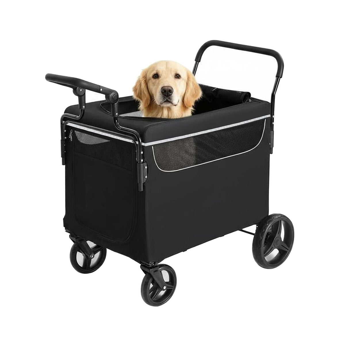 Blue foldable dog stroller wagon with ramp and mesh doors