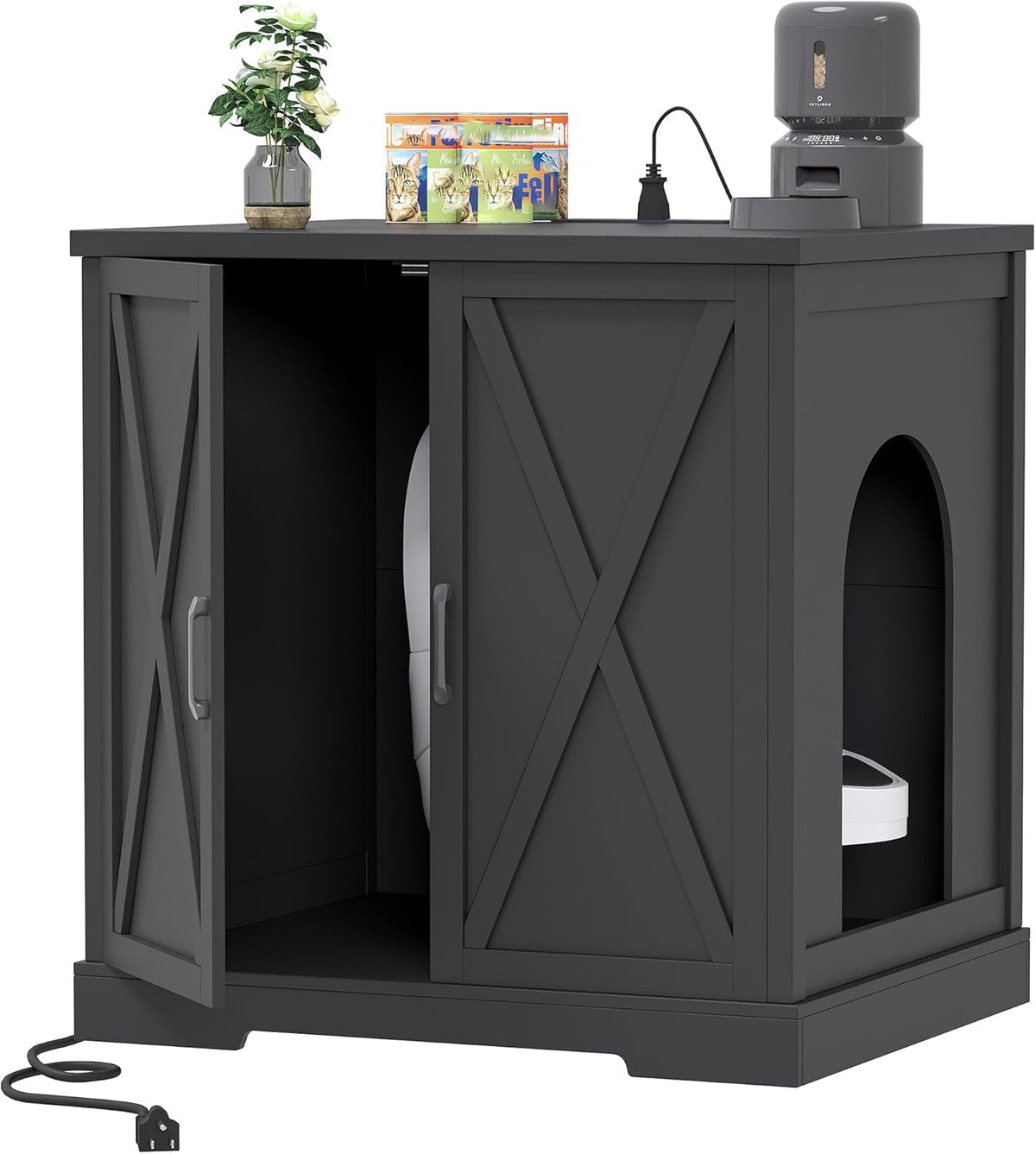 Large white wooden cabinet enclosing a self-cleaning litter box – view 2