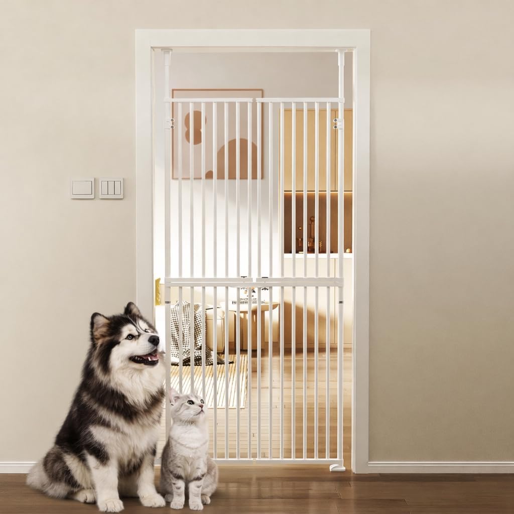White 76 inch extra tall pet gate with double doors in a doorway