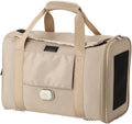 Beige soft-sided under-seat pet carrier with mesh ventilation