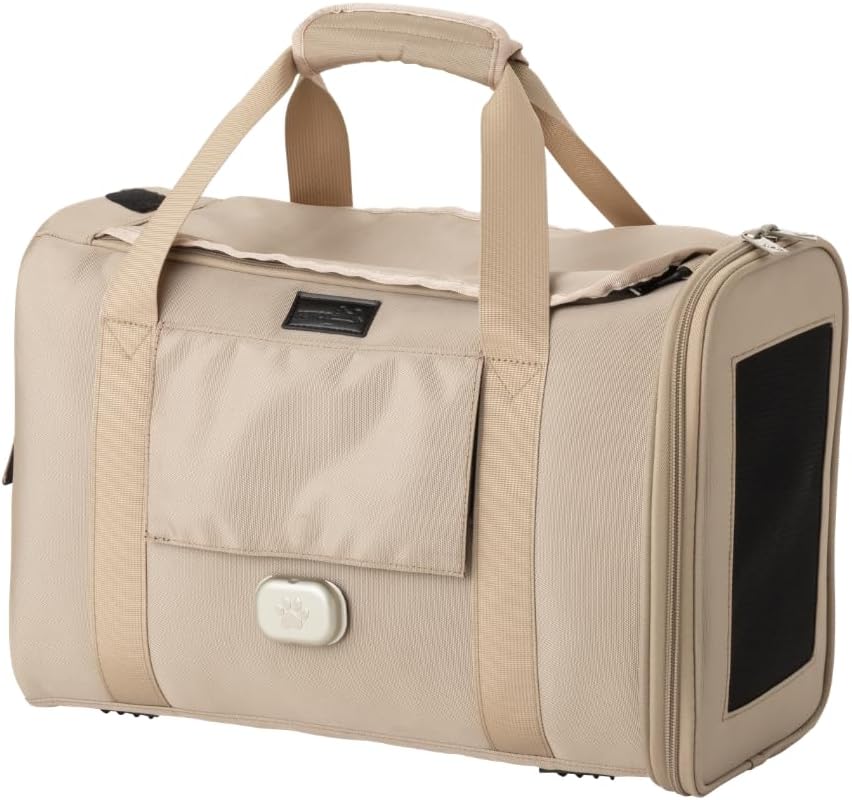 Beige soft-sided under-seat pet carrier with mesh ventilation