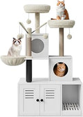 Modern Multi-Level Wooden Cat Tree with Litter Box Enclosure and Condo, Sisal Posts, White