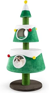Dreamade 60 Inch Christmas Cat Tower with 2-Level Condos, Scratching Posts and Star Design, Green