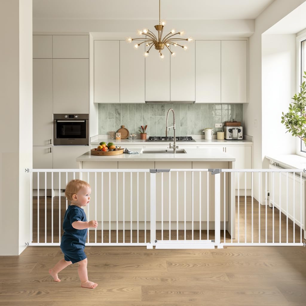 White extra long dog gate spanning a wide indoor doorway