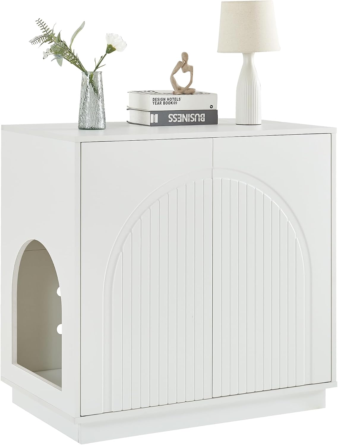 White XL litter box enclosure cabinet with push-open doors