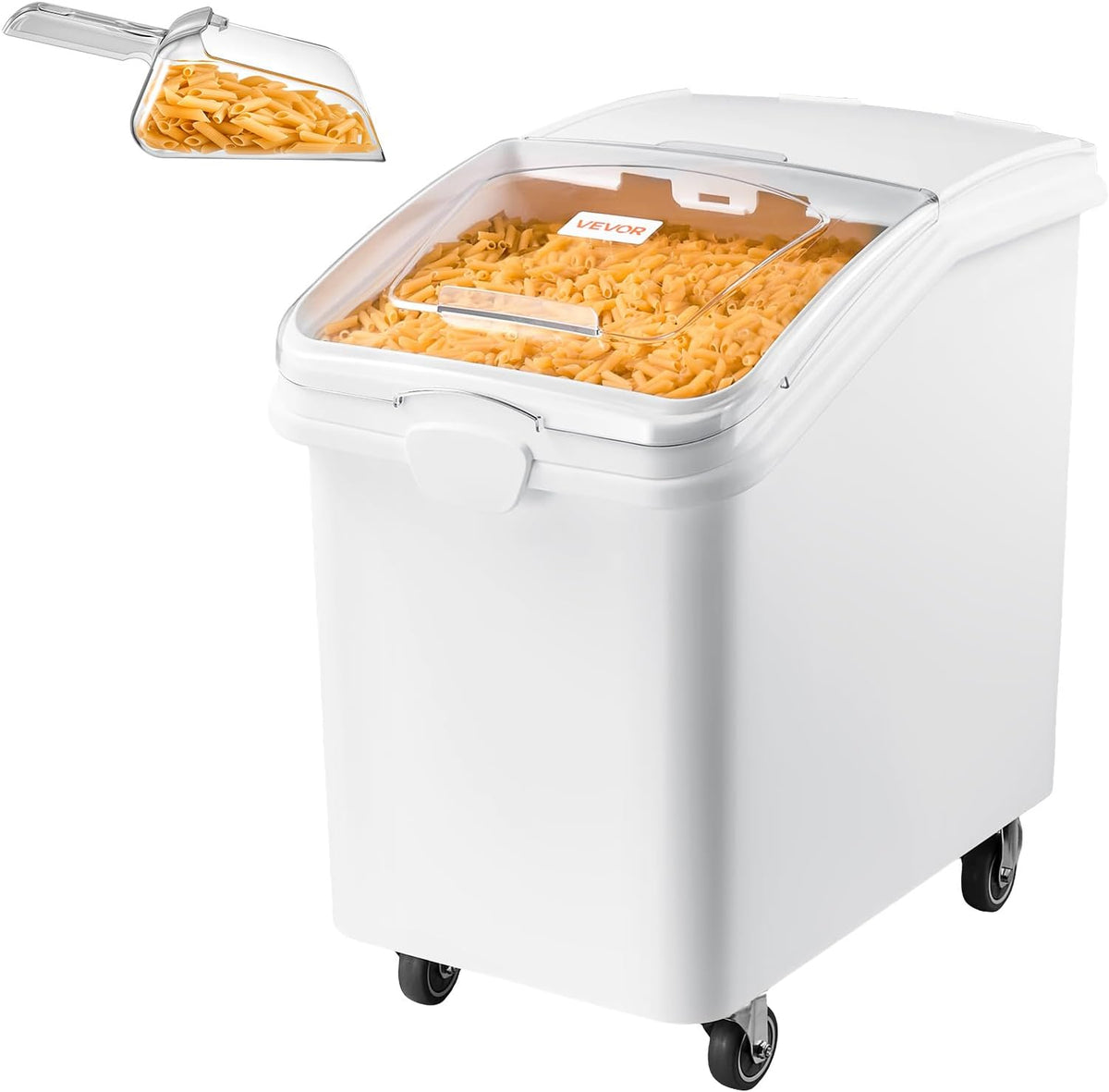 Three white airtight pet food storage bins with wheels and scoops – view 2