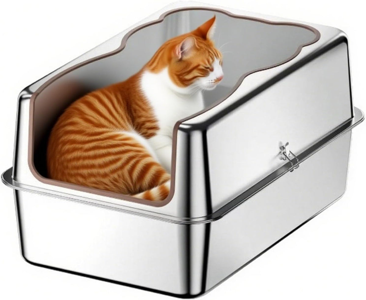 Extra large stainless steel cat litter box with lid and high sides