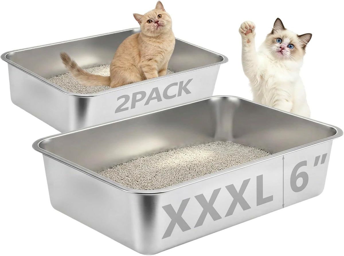 Two extra large stainless steel cat litter pans