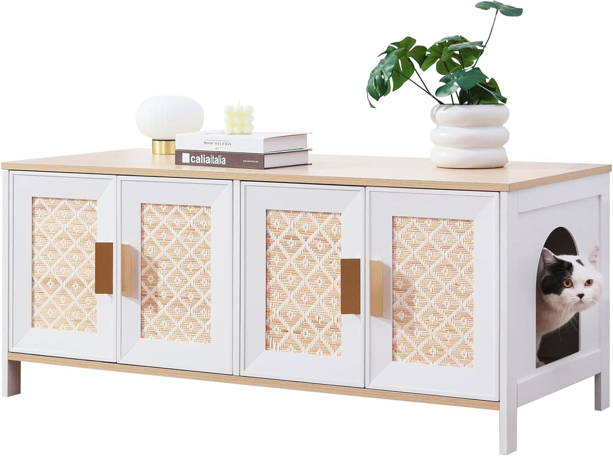 Boho wooden double litter box enclosure with rattan doors used as TV stand