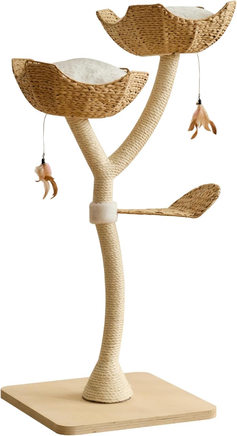 Natural 51 inch modern cat tree with handwoven baskets