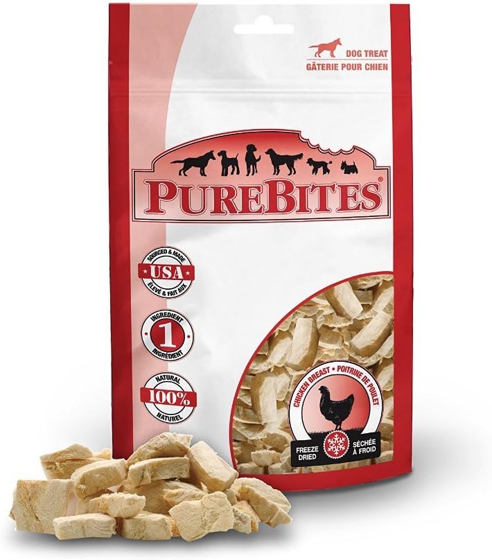 Bag of freeze-dried chicken breast dog treats with pieces scattered in front – view 10