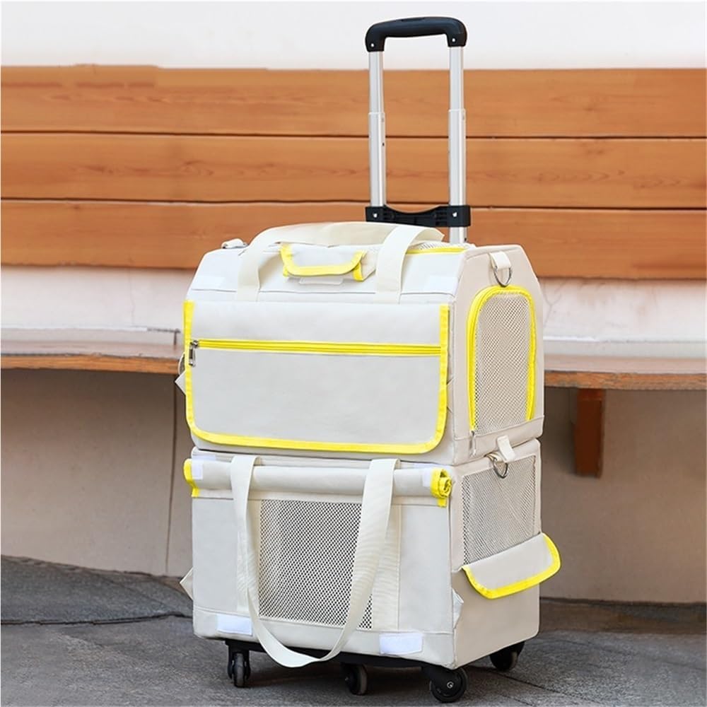 Yellow double decker rolling pet carrier with wheels and two compartments