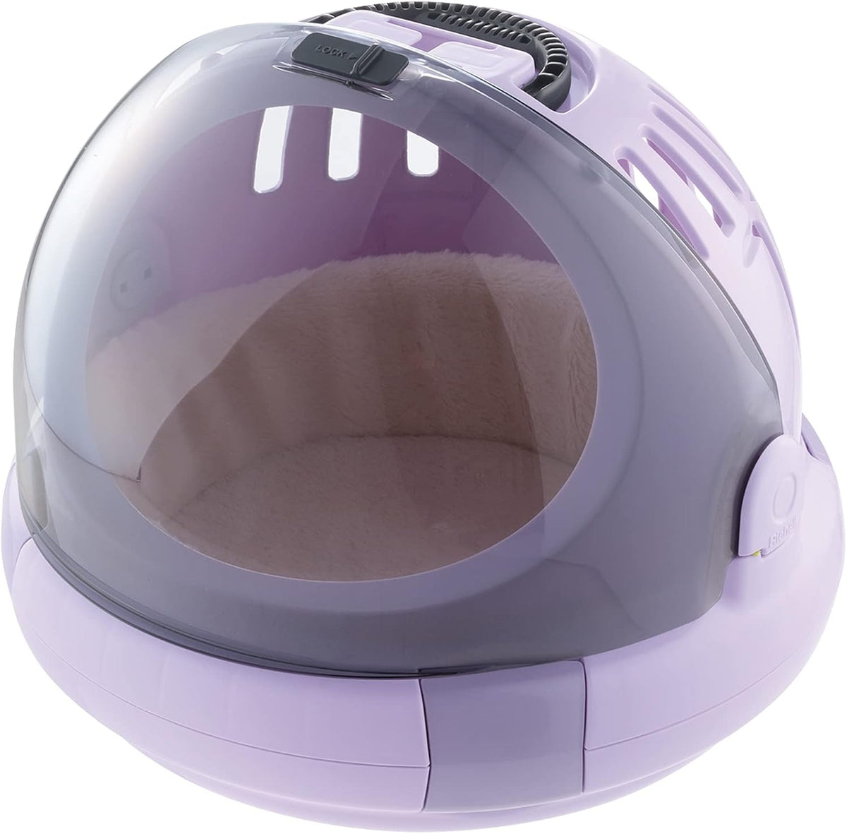 Lavender hard-shell pet carrier with translucent sliding door