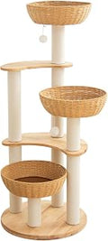 52.4 Inch Wood Cat Tree Tower for Large Cats with 3 Woven Basket Beds