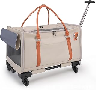 Pet Carrier with Wheels and Backpack Straps, Foldable Travel Bag, White