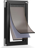 Black aluminum three flap dog door with sliding closing panel in an exterior door