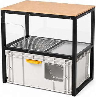 Cat Litter Box Enclosure with Litter Pan, Anti-Tracking Mesh Step, Pull-Out Tray, Clear Acrylic Splash Guards and Wood-Look