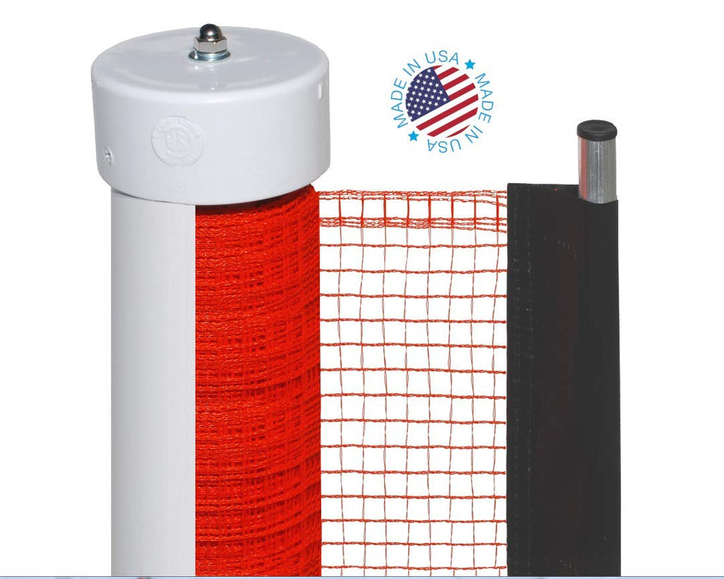 Black retractable driveway guard net stretched between two posts – view 3