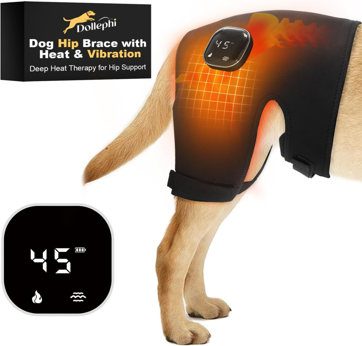 Cordless dog hip brace with heat and vibration module worn on rear legs – view 3
