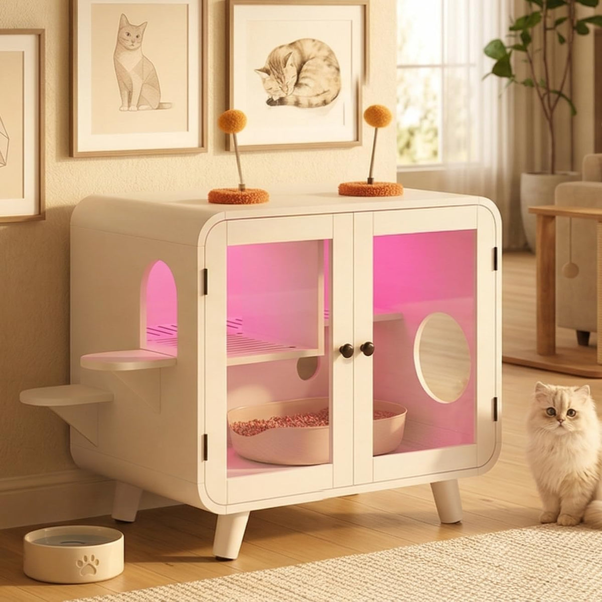 Beige cat litter box cabinet with RGB LED light, glass doors and steps