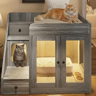 Cat Litter Box Enclosure with Light, Lounge Area, Storage Drawers and Steps, Gray Wood Finish