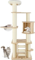 PETSITE 71 Inch Tall Wooden Cat Tree with Condo, Space Capsule, Climbing Ladder and Washable Cushions