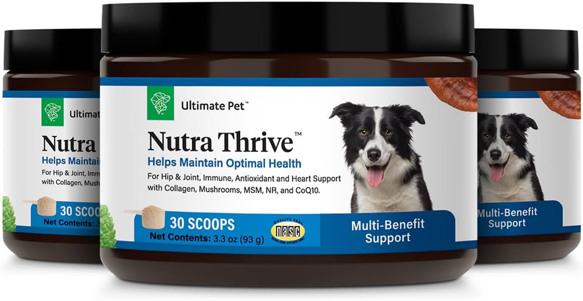 Three containers of canine multivitamin powder with scoop