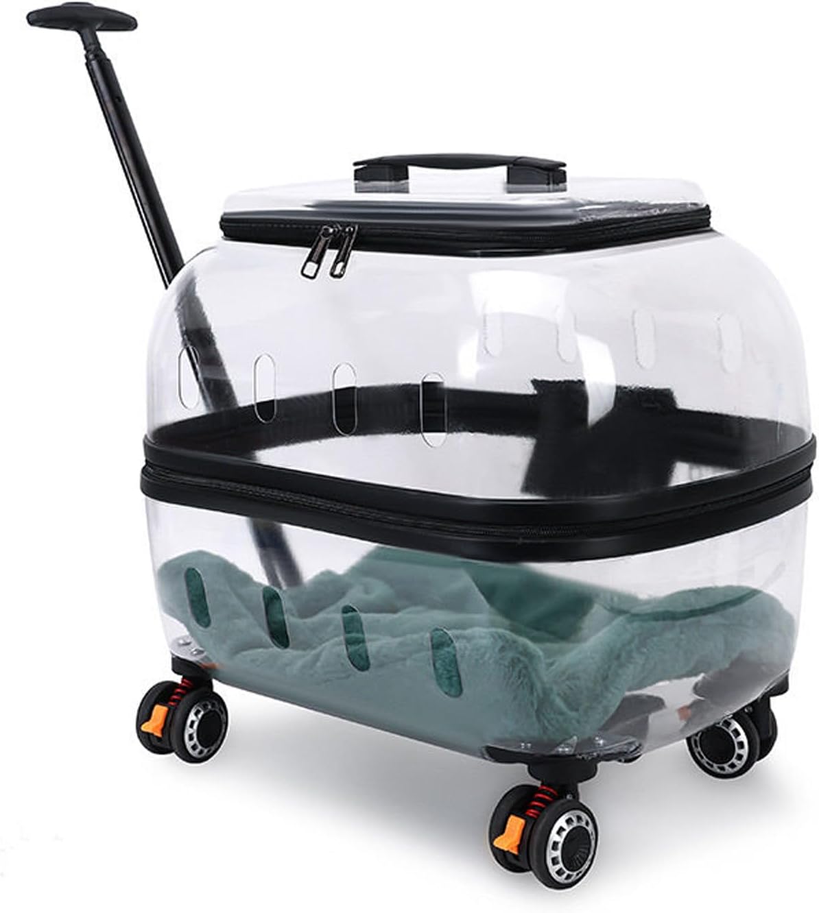 Transparent hard shell rolling pet carrier with wheels and telescoping handle – view 4