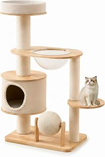 Rubberwood Cat Tree Tower with Cat Nest and Sisal Scratcher